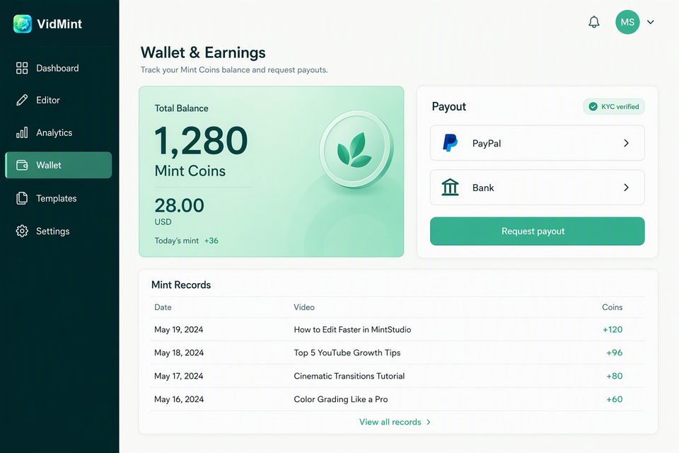 محفظة VidMint على الويب لسحب مكافآت Mint Rewards من سطح المكتب