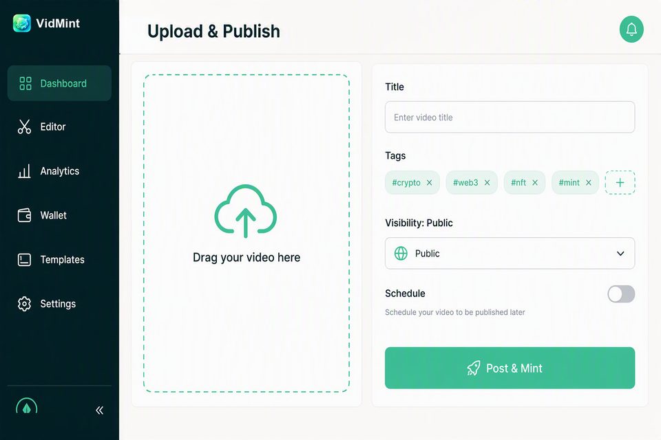 صفحة رفع ونشر VidMint على الويب لنشر الفيديوهات القصيرة من سطح المكتب