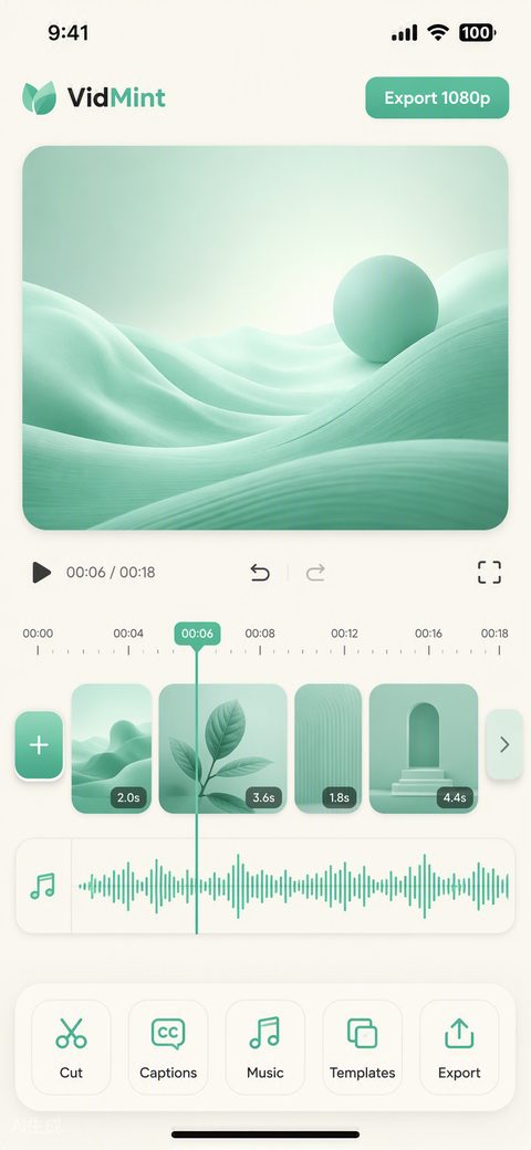 الخط الزمني لمحرر الفيديو بالذكاء الاصطناعي في VidMint مع أدوات تحرير الفيديو القصير بلمسة واحدة