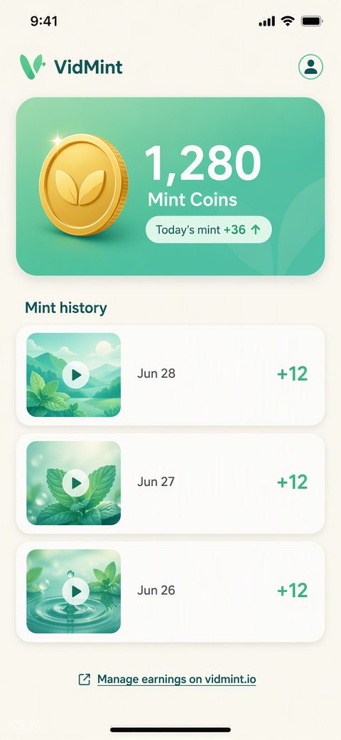 محفظة مكافآت Mint Rewards في VidMint تعرض رصيد العملات المسكوكة لأحد المبدعين