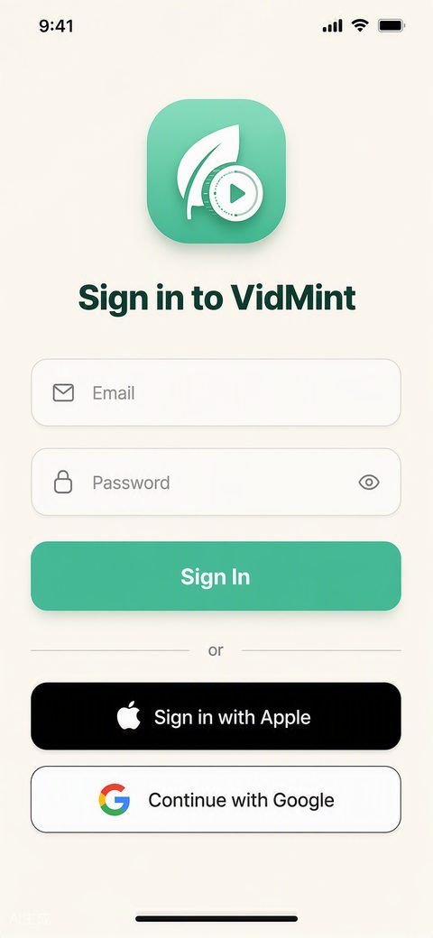 شاشة تسجيل الدخول إلى VidMint على iPhone